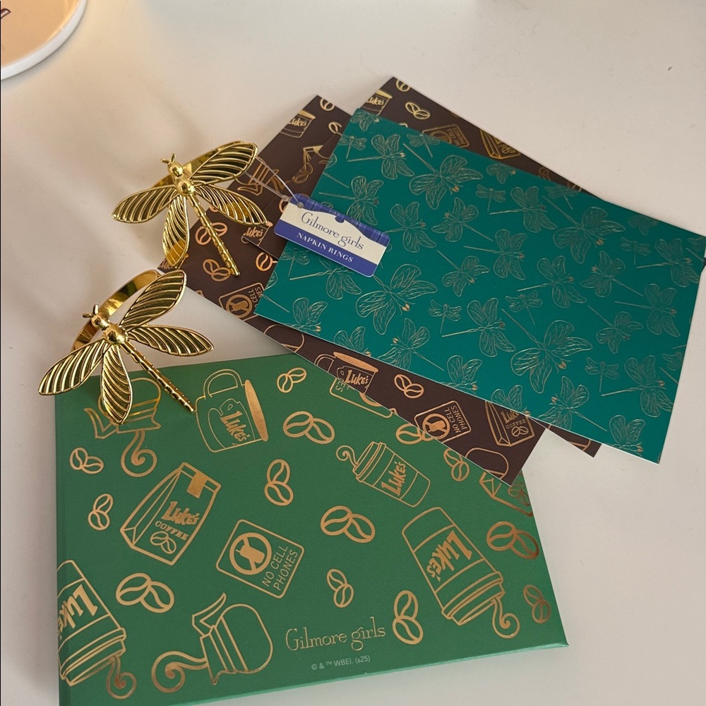 Gilmore Girls Gold Dragonfly Napkin Rings - NWT and 3 gold pressed note cards.